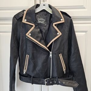 Signature by Levi Strauss Black Leather Jacket with Tan Accents